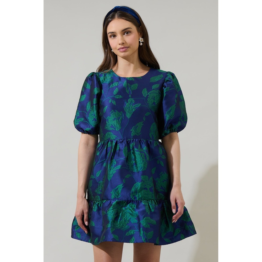 NEW Sugarlips Zoe Jacquard Mila Bubble Sleeve Mini Dress‎ Navy Green Large